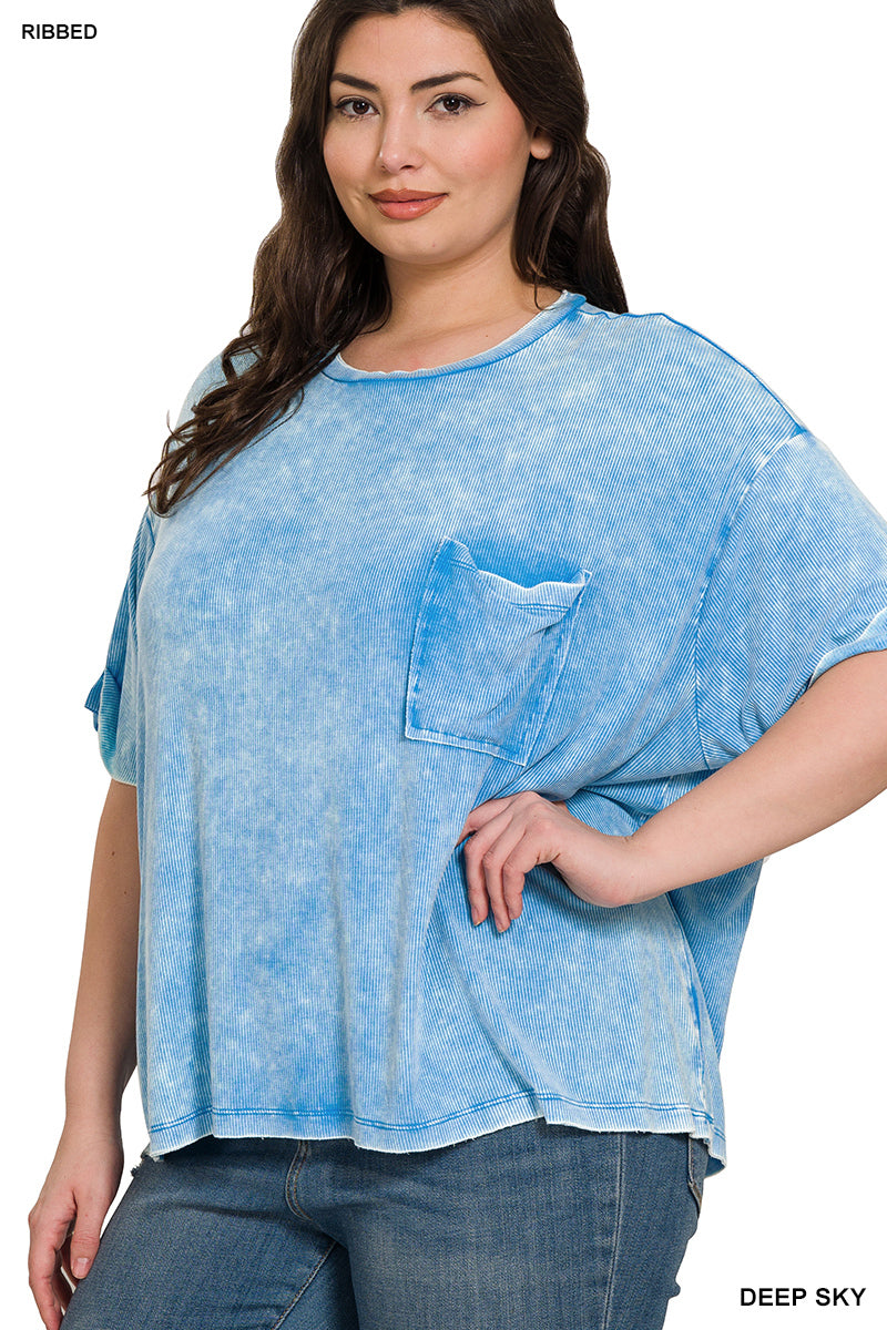 PLUS WASHED RIBBED CUFFED SHORT SLEEVE ROUND NECK TOP